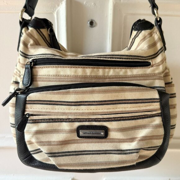 Alfred Dunner Shoulder Bag Beige Brown Striped Organizer Style Purse Pockets - Picture 8 of 11